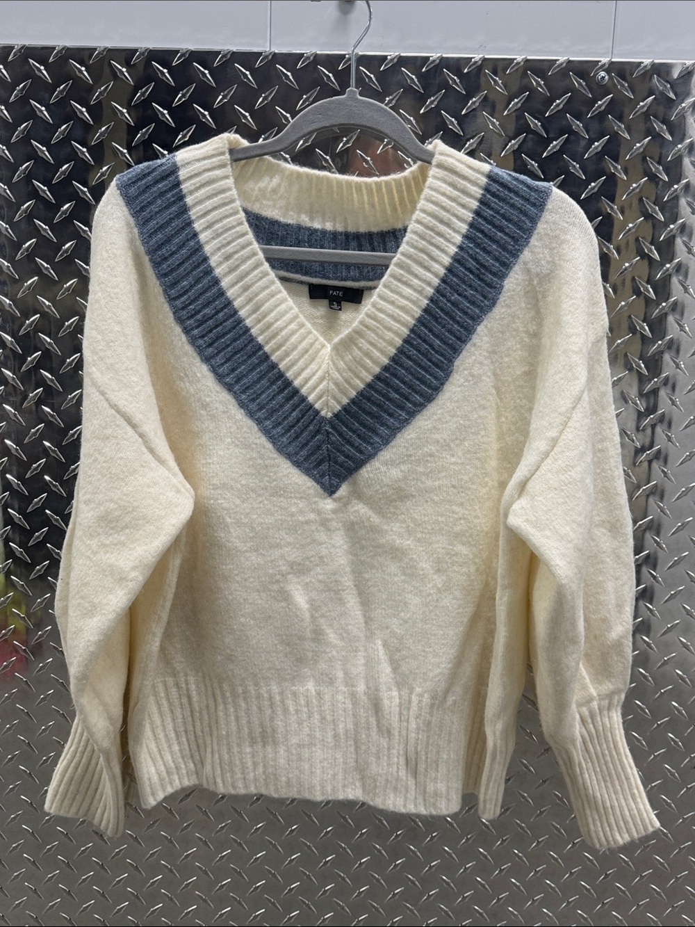 Fate varsity style v neck sweater- wool blend, small